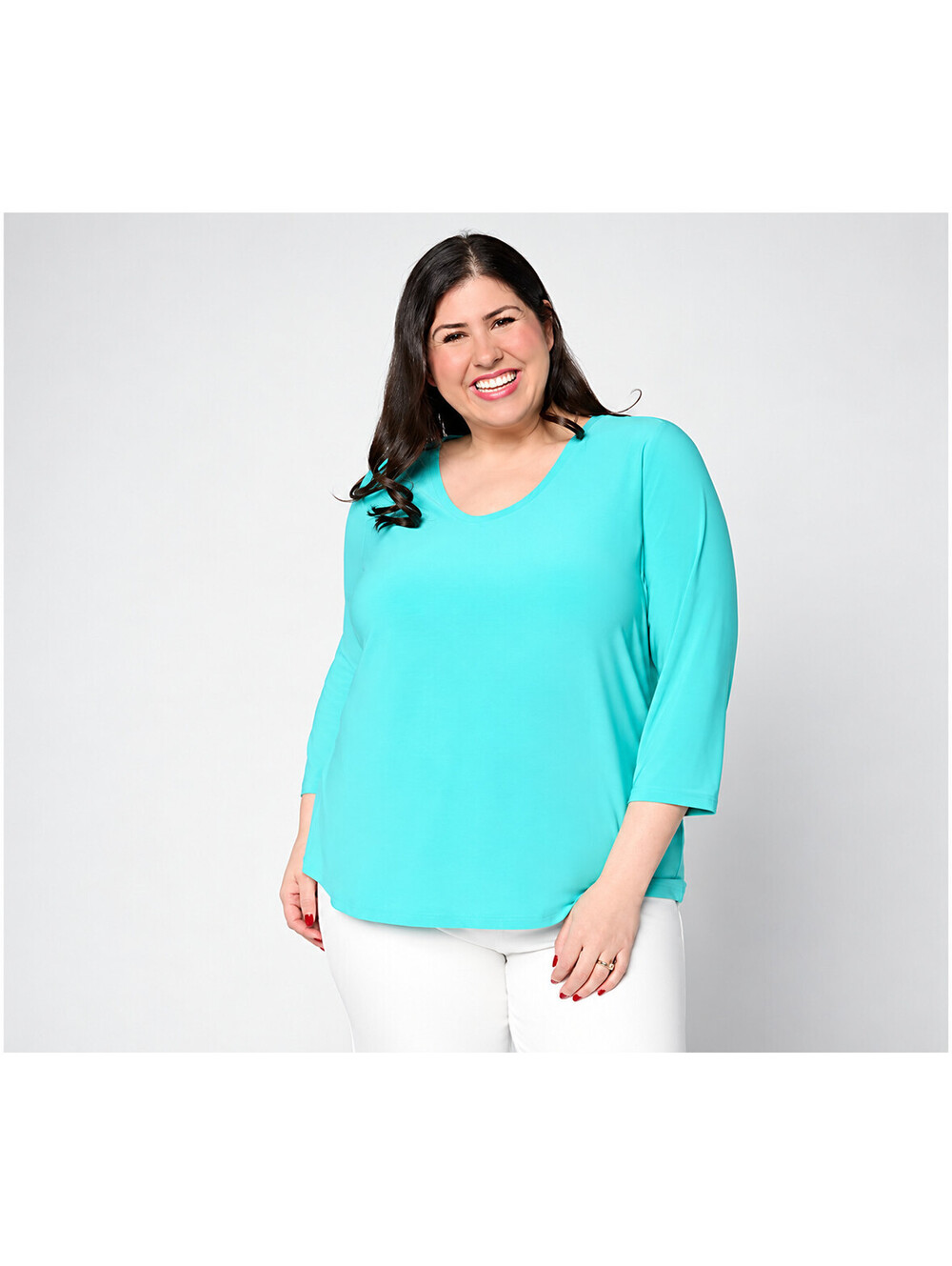 Dennis Basso Basics Italia Knit Voop Neck 3/4 Sleeve Top Turquoise Large